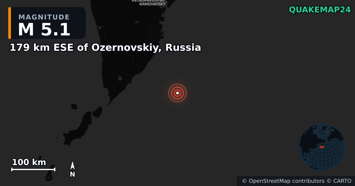 M5.1 earthquake near 179 km ESE of Ozernovskiy, Russia on Jul 30, 2025 — map of epicenter and shaking intensity | QuakeMap24