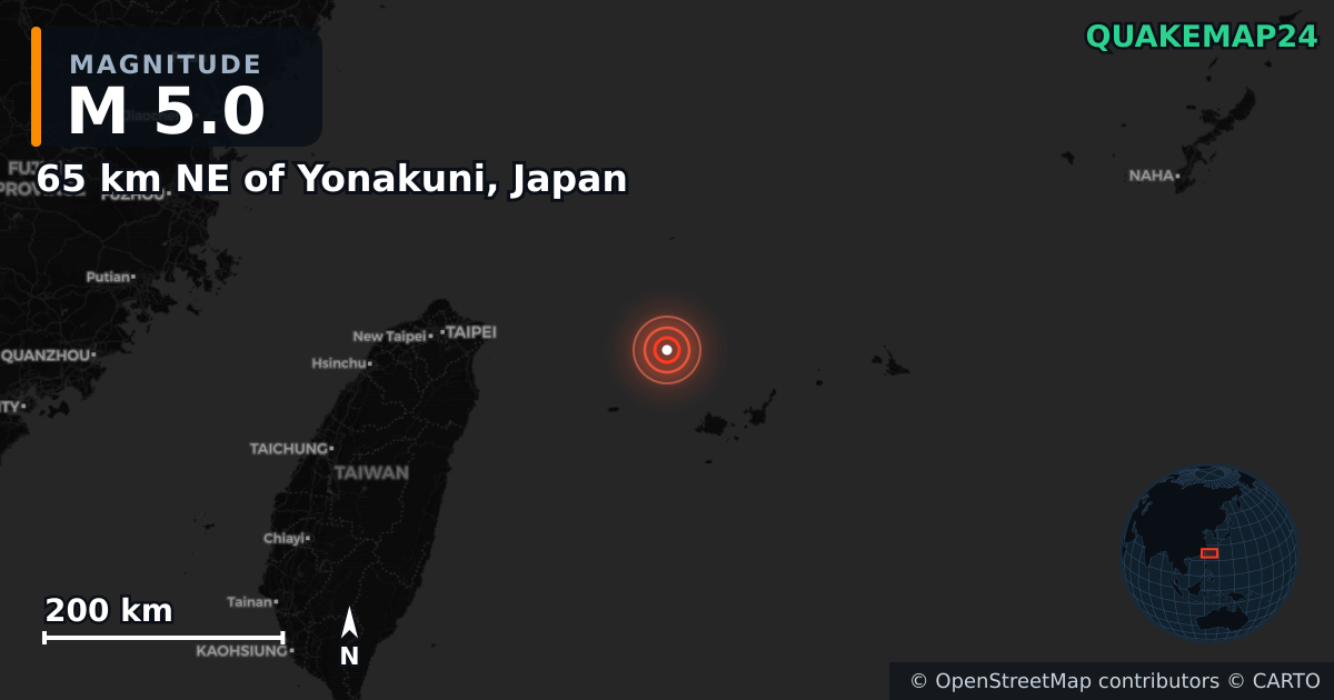 M5.0 earthquake near 65 km NE of Yonakuni, Japan on Jan 18, 2025 — map of epicenter and shaking intensity | QuakeMap24