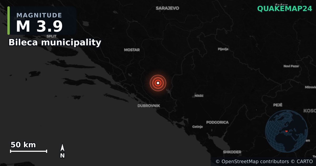 M3.9 earthquake near Bileca municipality on May 28, 2026 — map of epicenter and shaking intensity | QuakeMap24