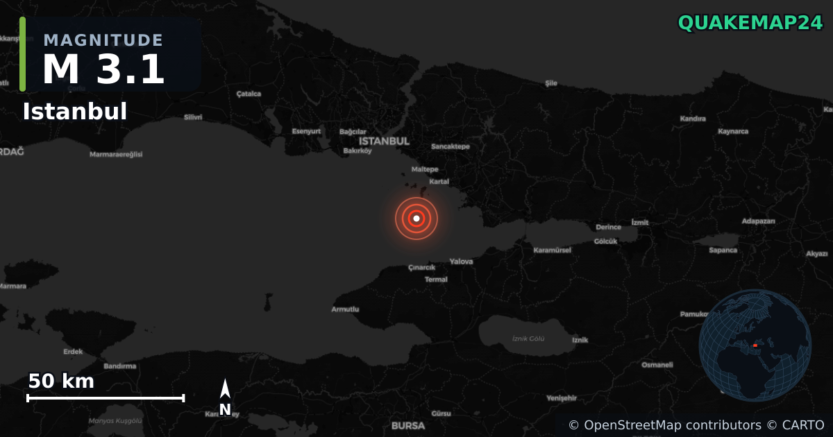 M3.1 earthquake near Istanbul on Aug 20, 2026 — map of epicenter and shaking intensity | QuakeMap24