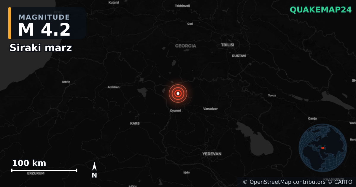 M4.2 earthquake near Siraki marz on Nov 2, 2025 — map of epicenter and shaking intensity | QuakeMap24