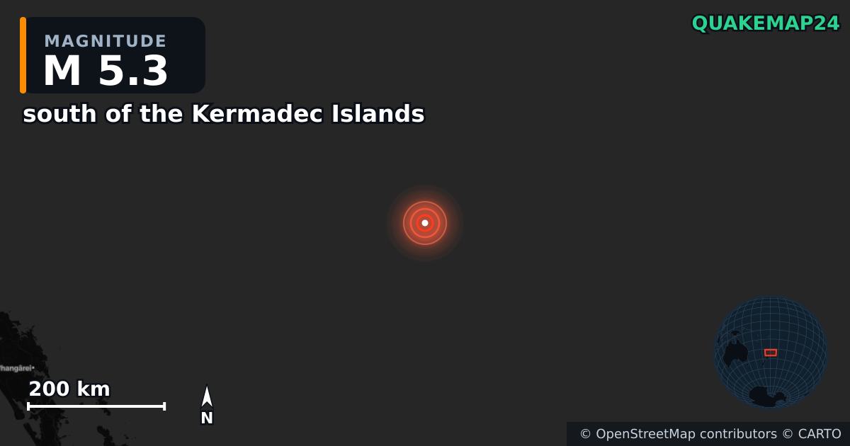 M5.3 earthquake near south of the Kermadec Islands on Apr 16, 2025 — map of epicenter and shaking intensity | QuakeMap24