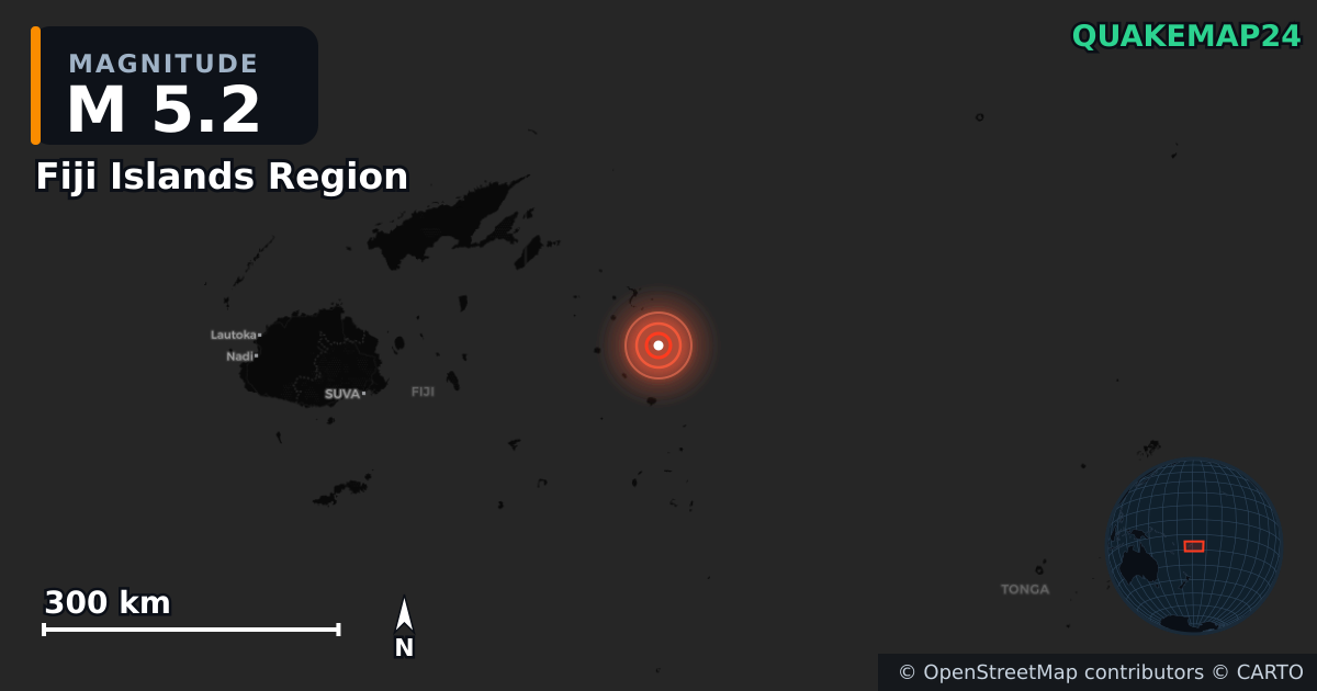 M5.2 earthquake near Fiji Islands Region on Mar 22, 2026 — map of epicenter and shaking intensity | QuakeMap24