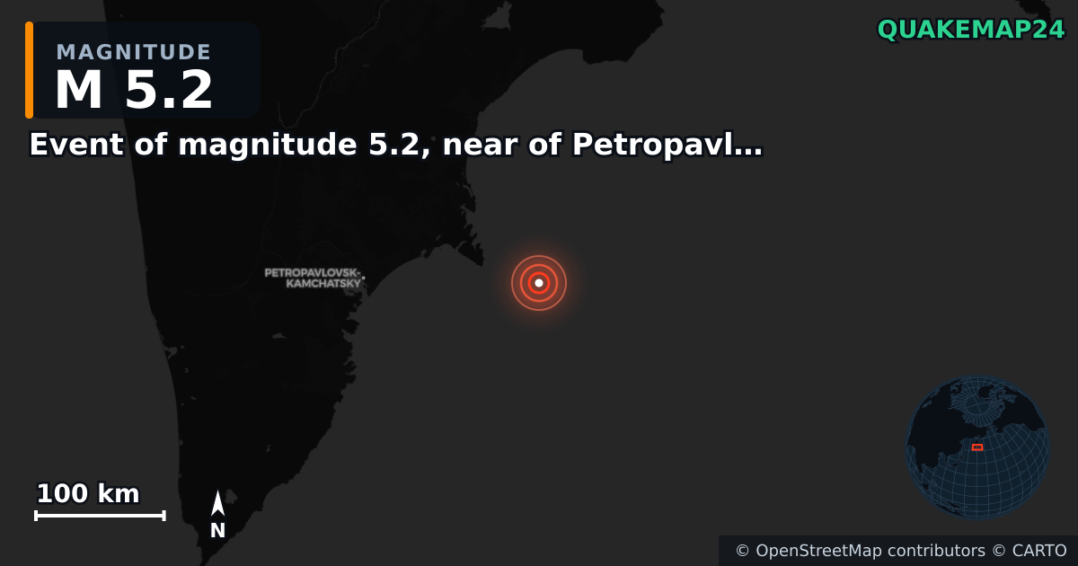 M5.2 earthquake near Event of magnitude 5.2, near of Petropavlovsk Kamchatskiy (Monde) on Sep 18, 2025 — map of epicenter and shaking intensity | QuakeMap24