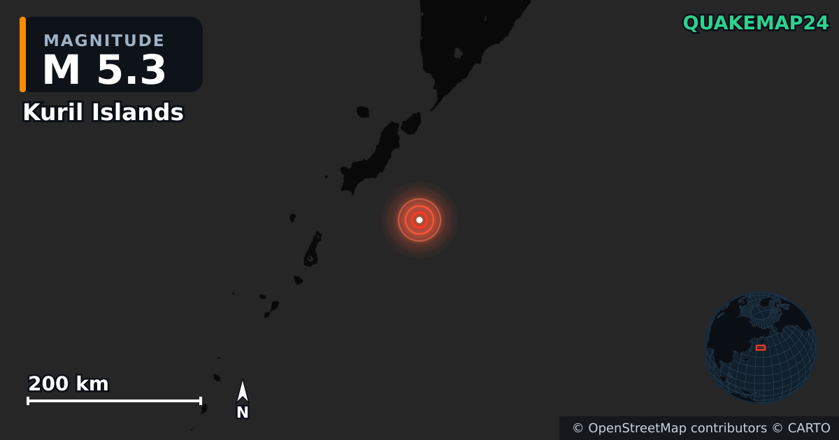 M5.3 earthquake near Kuril Islands on Jul 31, 2025 — map of epicenter and shaking intensity | QuakeMap24