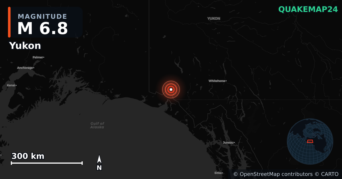 M6.8 earthquake near Yukon on Dec 6, 2025 — map of epicenter and shaking intensity | QuakeMap24