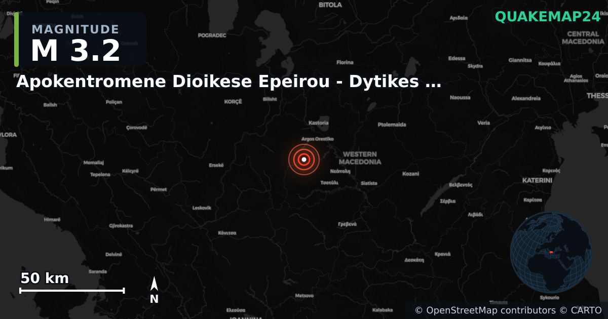 M3.2 earthquake near Apokentromene Dioikese Epeirou - Dytikes Makedonias on Aug 29, 2025 — map of epicenter and shaking intensity | QuakeMap24