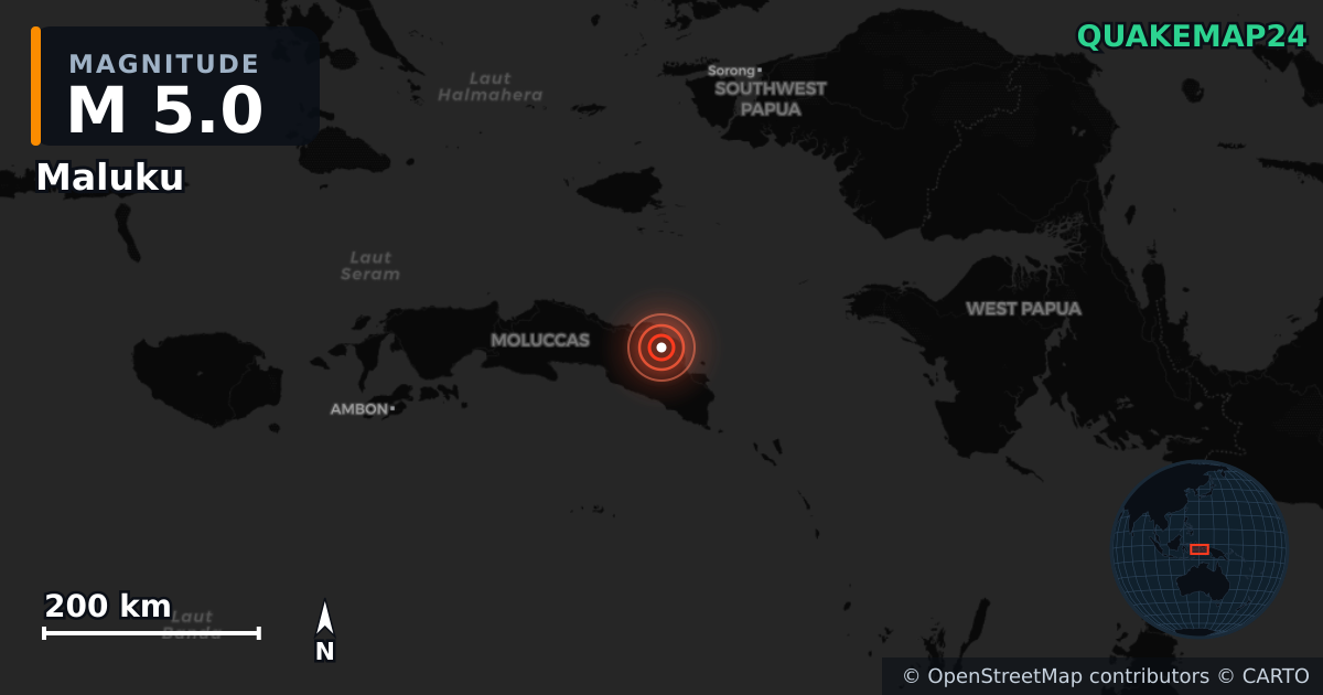 M5.0 earthquake near Maluku on Jun 22, 2025 — map of epicenter and shaking intensity | QuakeMap24