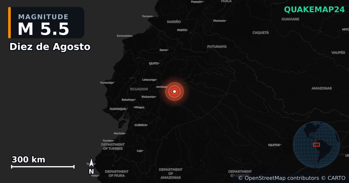 M5.5 earthquake near Diez de Agosto on Sep 3, 2025 — map of epicenter and shaking intensity | QuakeMap24