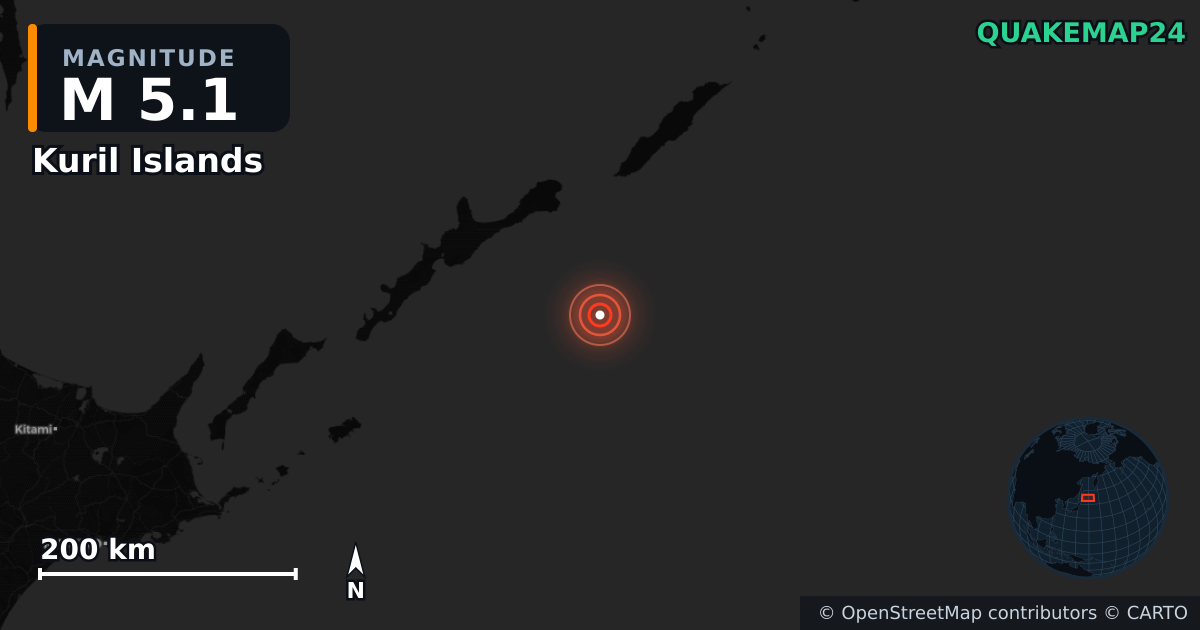 M5.1 earthquake near Kuril Islands on Jan 13, 2026 — map of epicenter and shaking intensity | QuakeMap24