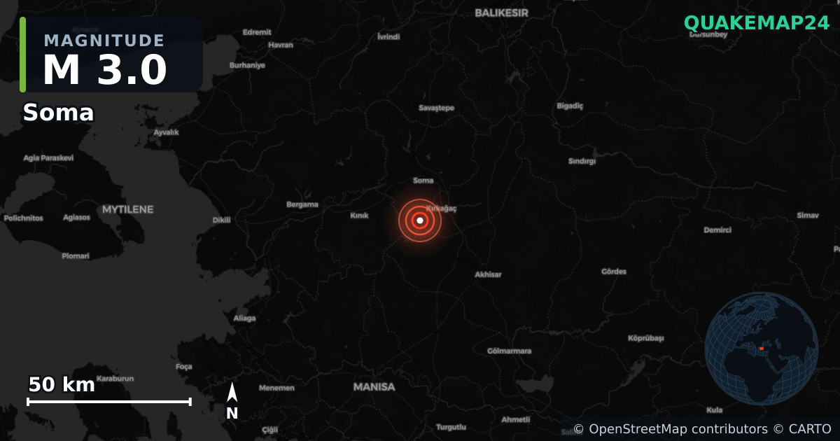 M3.0 earthquake near Soma on Aug 23, 2025 — map of epicenter and shaking intensity | QuakeMap24