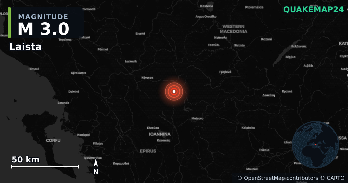 M3.0 earthquake near Laista on Jul 15, 2026 — map of epicenter and shaking intensity | QuakeMap24
