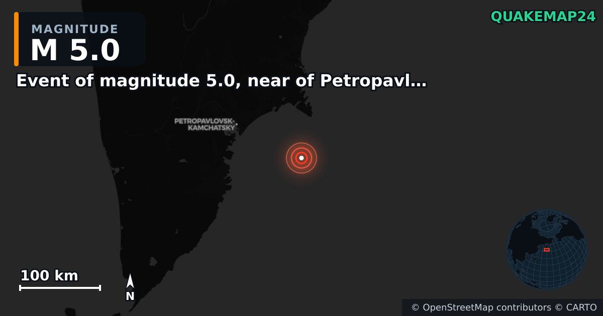 M5.0 earthquake near Event of magnitude 5.0, near of Petropavlovsk Kamchatskiy (Monde) on Aug 28, 2025 — map of epicenter and shaking intensity | QuakeMap24