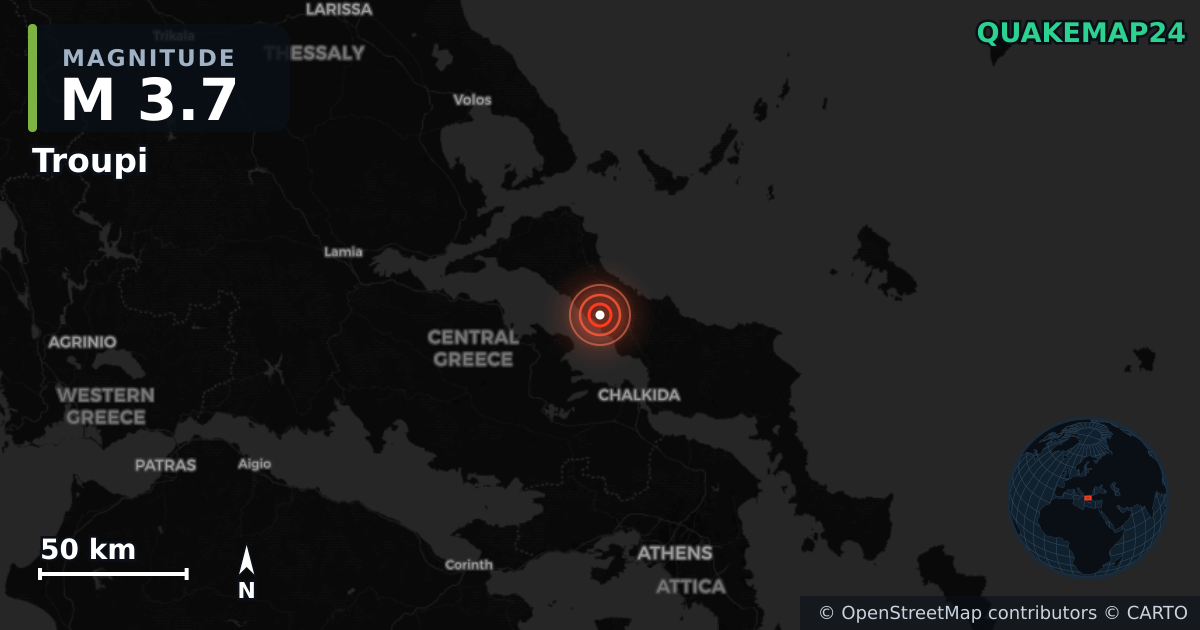 M3.7 earthquake near Troupi on Jun 12, 2026 — map of epicenter and shaking intensity | QuakeMap24
