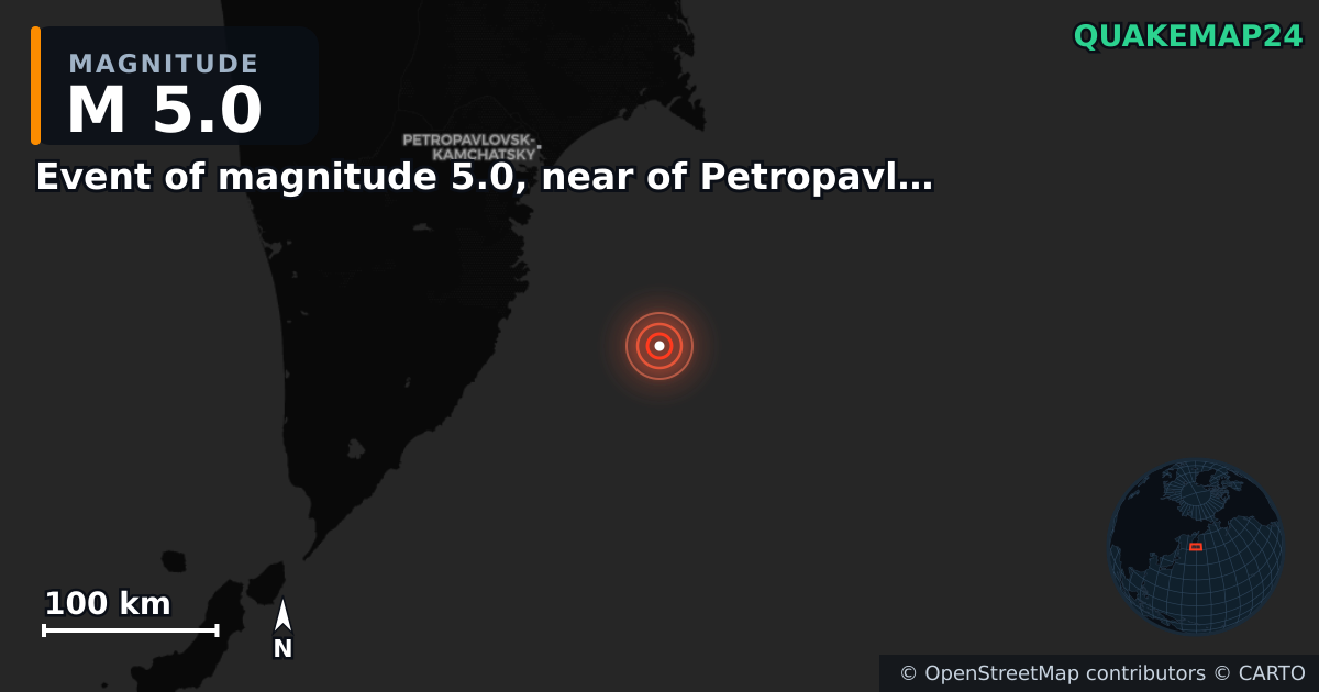 M5.0 earthquake near Event of magnitude 5.0, near of Petropavlovsk Kamchatskiy (Monde) on Sep 10, 2025 — map of epicenter and shaking intensity | QuakeMap24