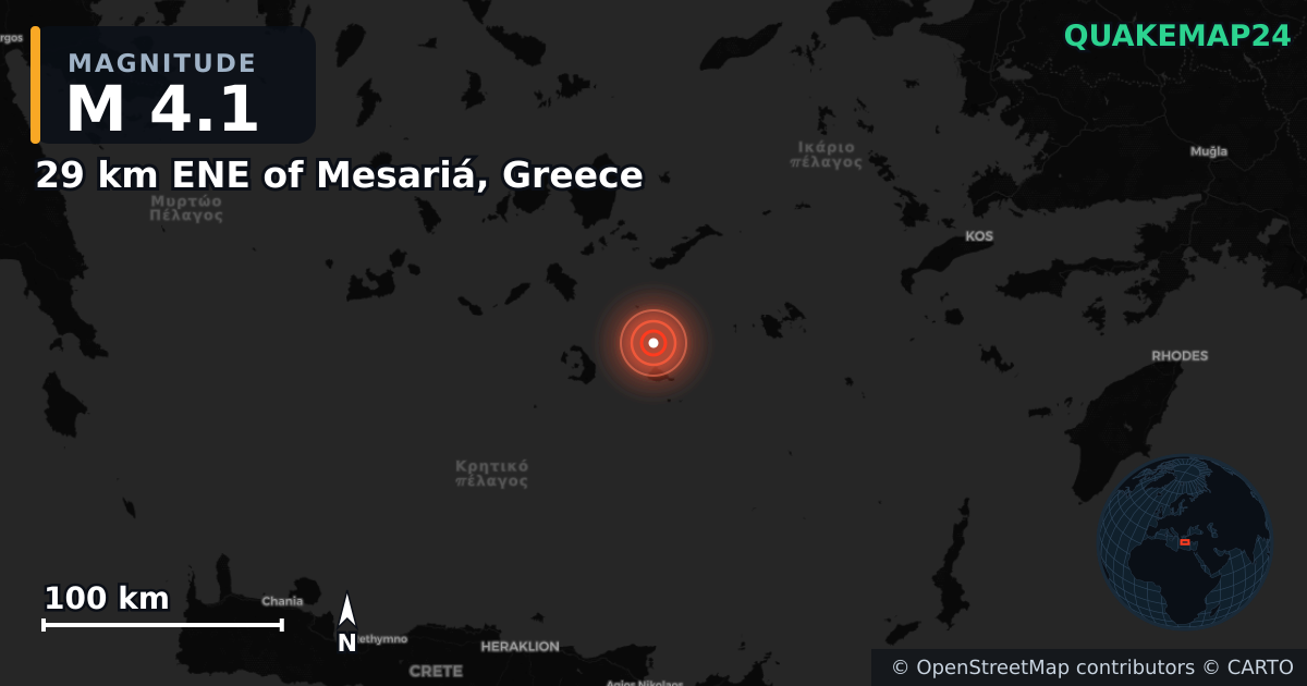 M4.1 earthquake near 29 km ENE of Mesariá, Greece on Feb 5, 2025 — map of epicenter and shaking intensity | QuakeMap24