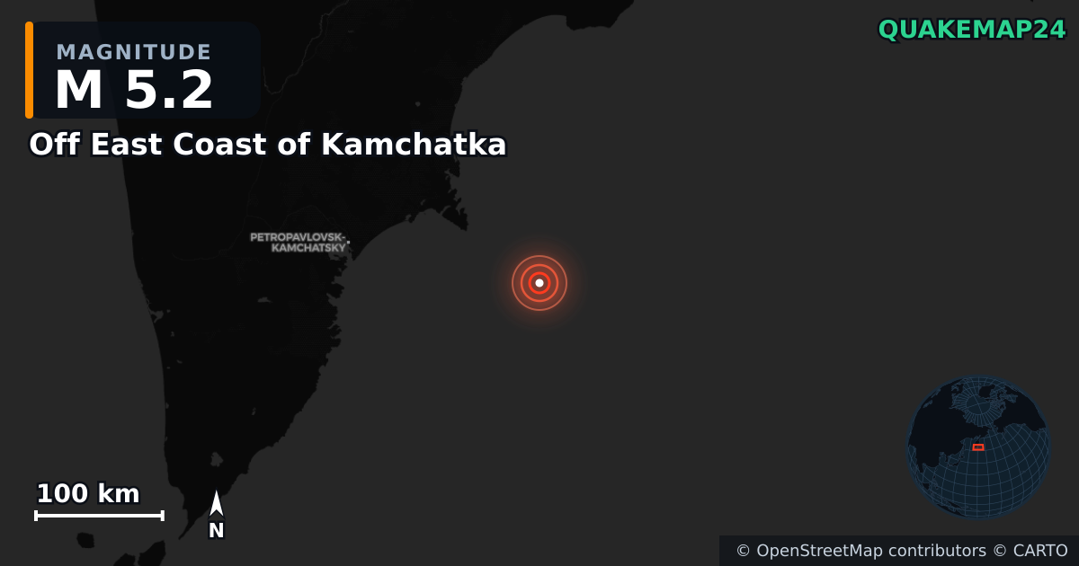 Erdbeben M5,2 bei Off East Coast of Kamchatka — Karte der Lage des Epizentrums