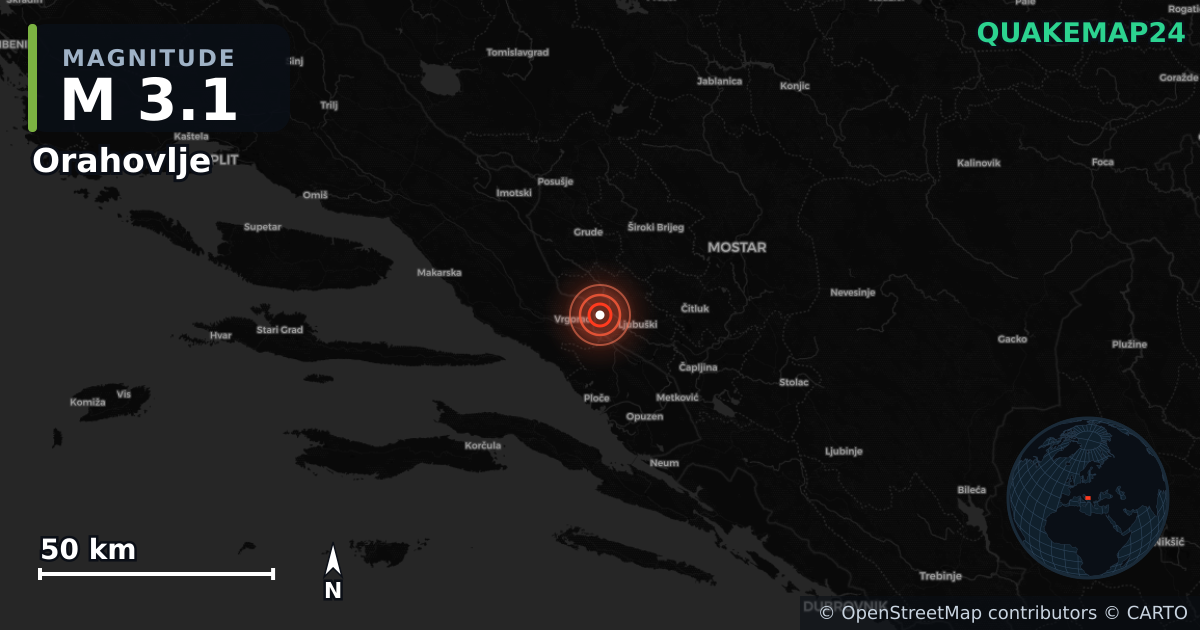 M3.1 earthquake near Orahovlje on Feb 19, 2026 — map of epicenter and shaking intensity | QuakeMap24
