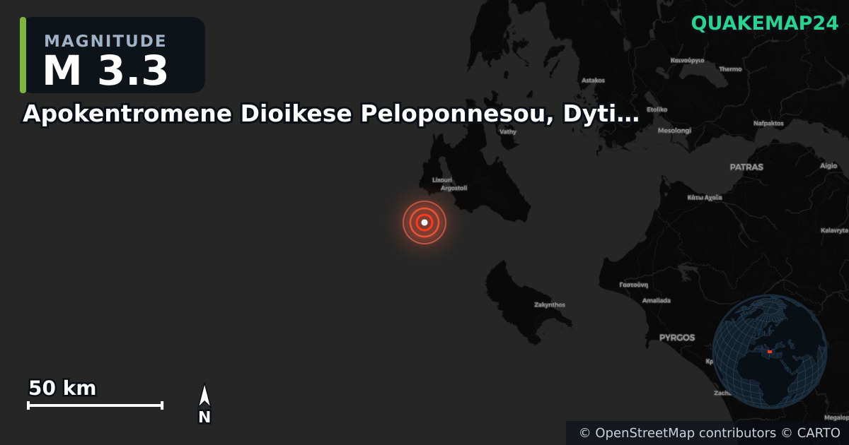 M3.3 earthquake near Apokentromene Dioikese Peloponnesou, Dytikes Elladas kai Ioniou on Sep 11, 2025 — map of epicenter and shaking intensity | QuakeMap24