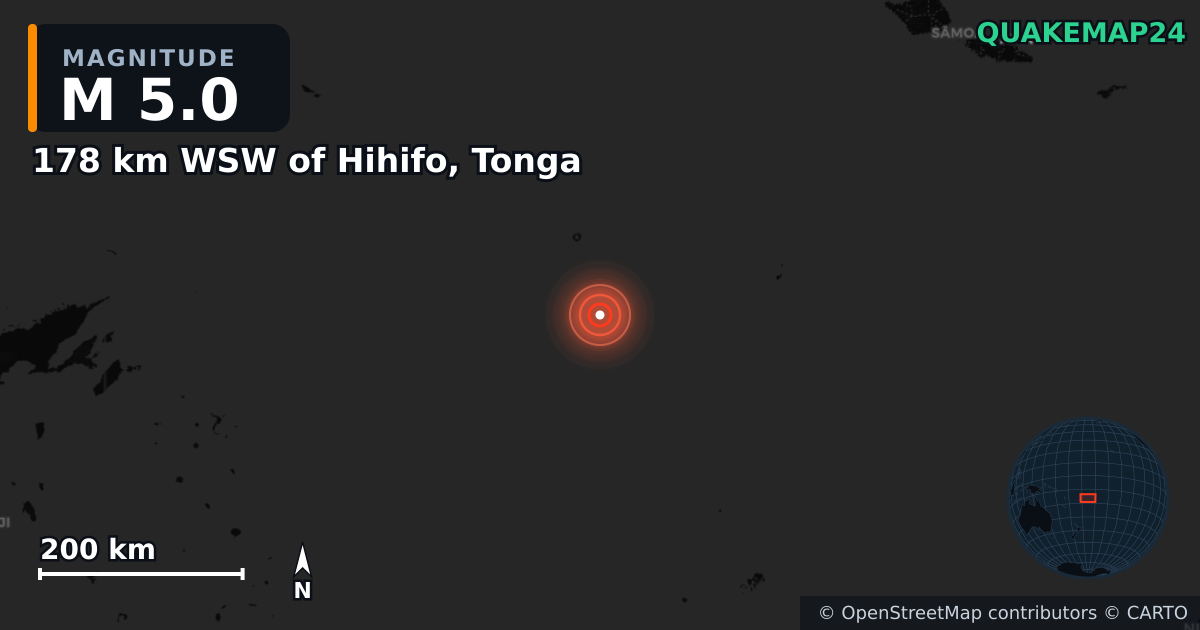 M5.0 earthquake near 178 km WSW of Hihifo, Tonga on Jan 14, 2025 — map of epicenter and shaking intensity | QuakeMap24