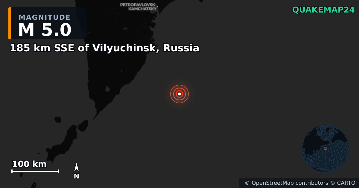 M5.0 earthquake near 185 km SSE of Vilyuchinsk, Russia on Jan 28, 2026 — map of epicenter and shaking intensity | QuakeMap24
