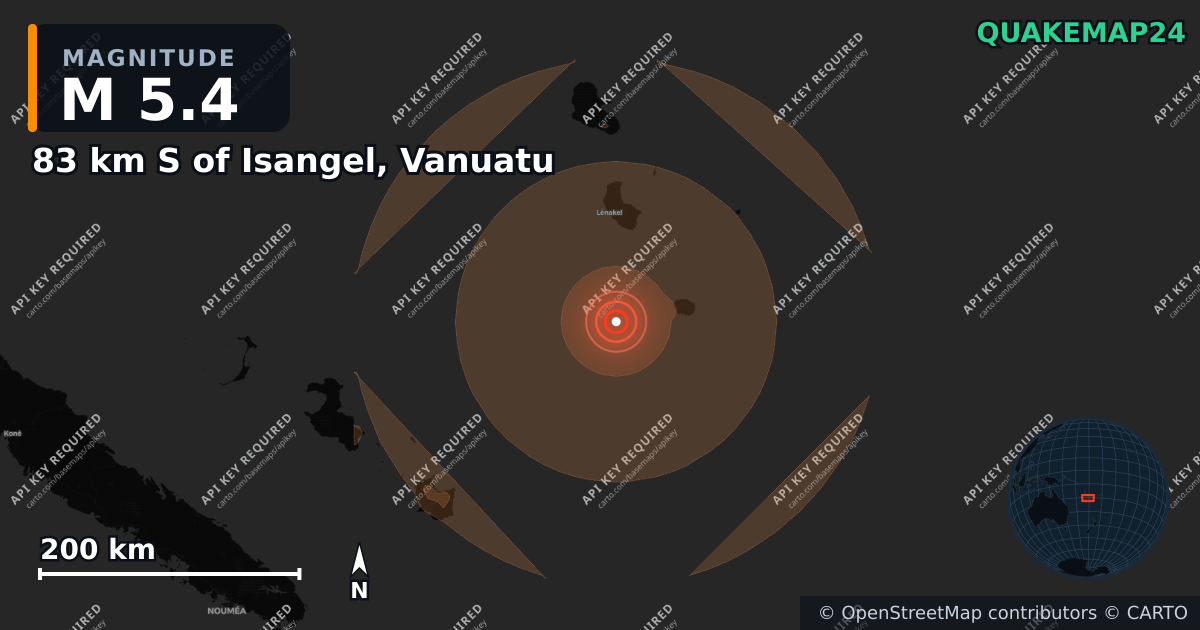 M5.4 earthquake near 83 km S of Isangel, Vanuatu on Sep 2, 2026 — map of epicenter and shaking intensity | QuakeMap24
