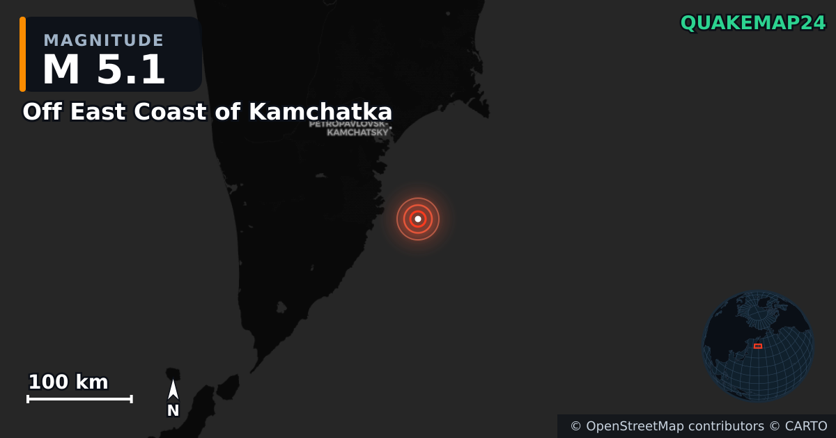 M5.1 earthquake near Off East Coast of Kamchatka on Mar 11, 2026 — map of epicenter and shaking intensity | QuakeMap24