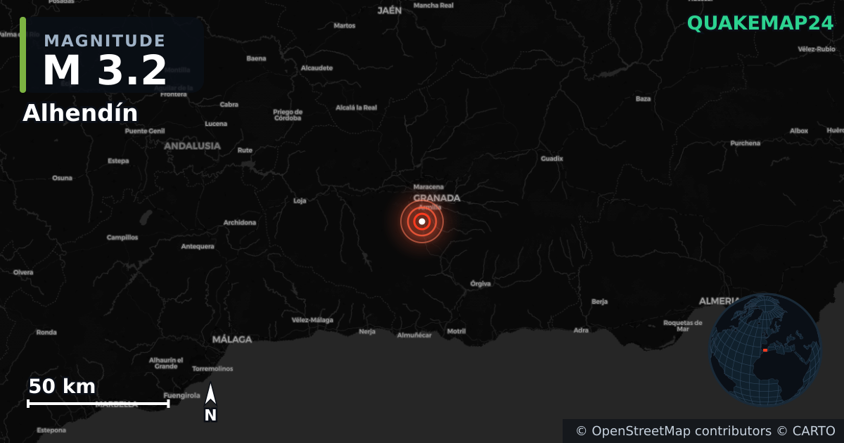 M3.2 earthquake near Alhendín on Aug 15, 2026 — map of epicenter and shaking intensity | QuakeMap24
