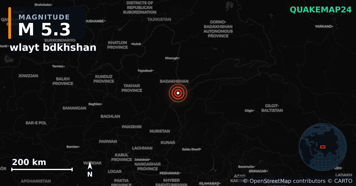 M5.3 earthquake near wlayt bdkhshan on Aug 27, 2025 — map of epicenter and shaking intensity | QuakeMap24