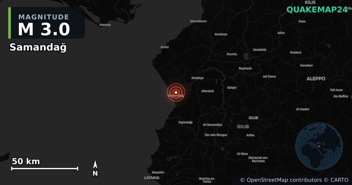 M3.0 earthquake near Samandağ on May 26, 2025 — map of epicenter and shaking intensity | QuakeMap24