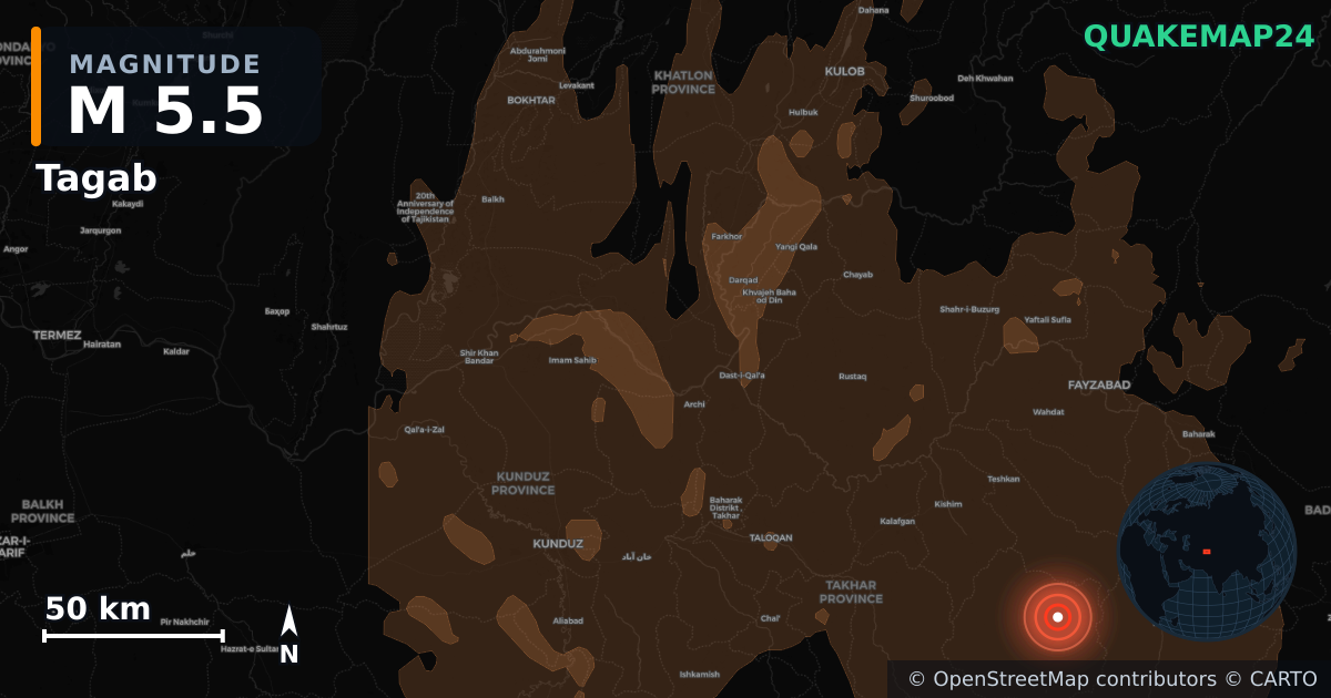 M5.5 earthquake near Tagab on Jul 1, 2026 — map of epicenter and shaking intensity | QuakeMap24