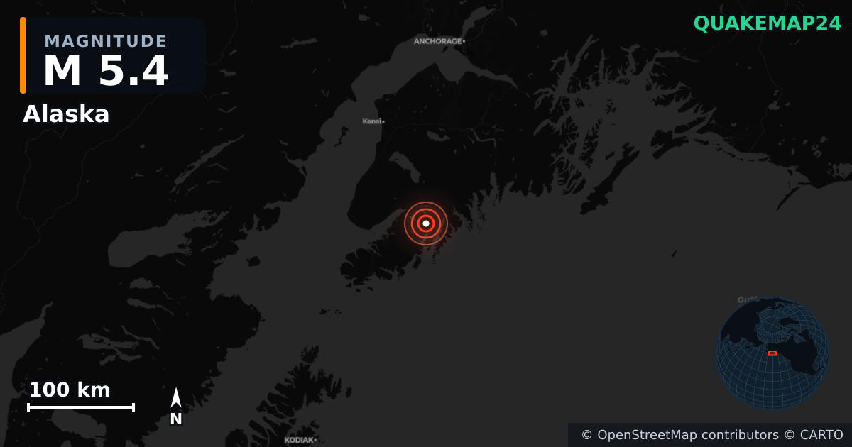M5.4 earthquake near Alaska on Oct 30, 2025 — map of epicenter and shaking intensity | QuakeMap24