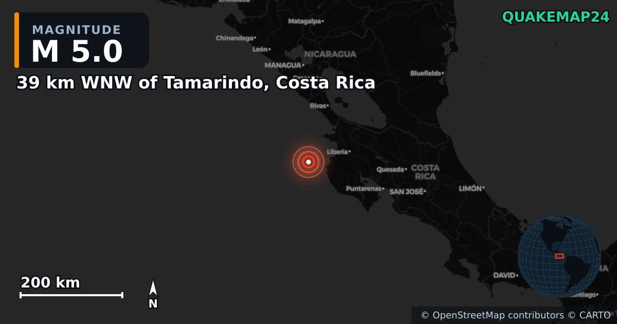 M5.0 earthquake near 39 km WNW of Tamarindo, Costa Rica on Apr 13, 2025 — map of epicenter and shaking intensity | QuakeMap24