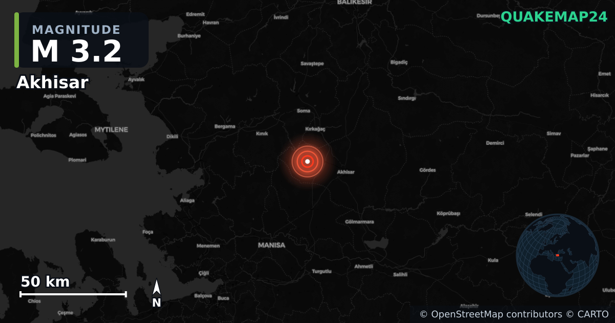 M3.2 earthquake near Akhisar on Feb 22, 2026 — map of epicenter and shaking intensity | QuakeMap24
