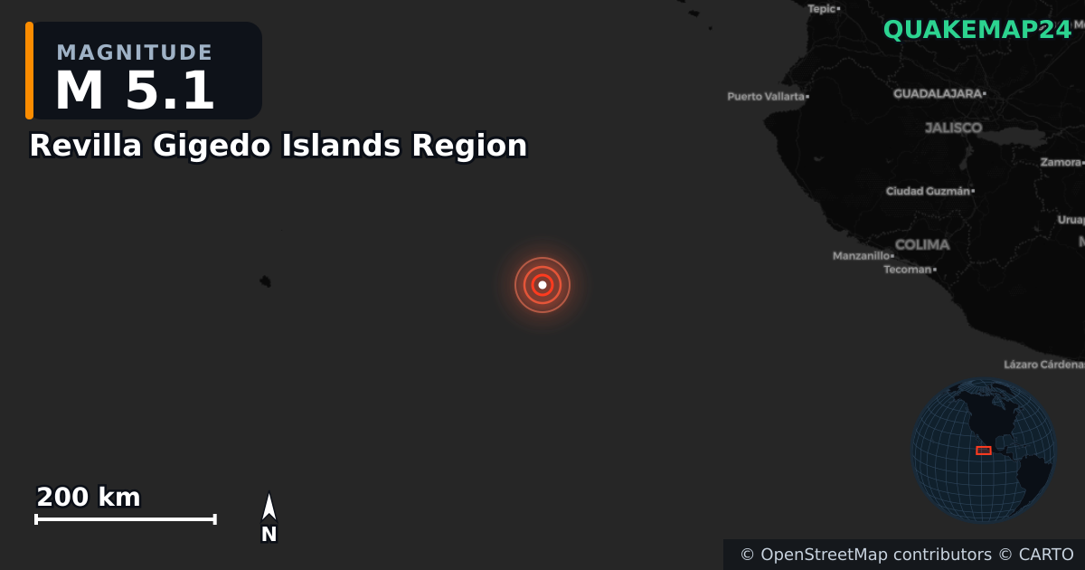 Erdbeben M5,1 bei Revilla Gigedo Islands Region · 2025-05-27 — Karte der Lage des Epizentrums