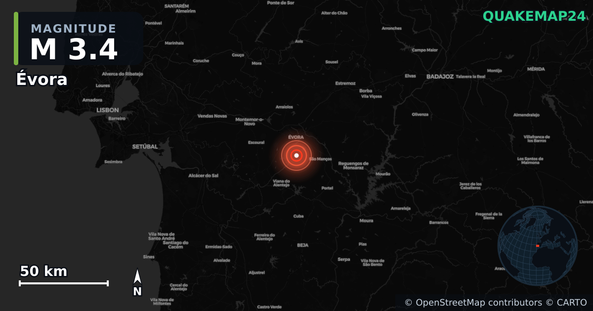M3.4 earthquake near Évora on Dec 15, 2025 — map of epicenter and shaking intensity | QuakeMap24