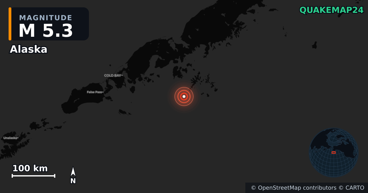 M5.3 earthquake near Alaska on Jul 17, 2025 — map of epicenter and shaking intensity | QuakeMap24