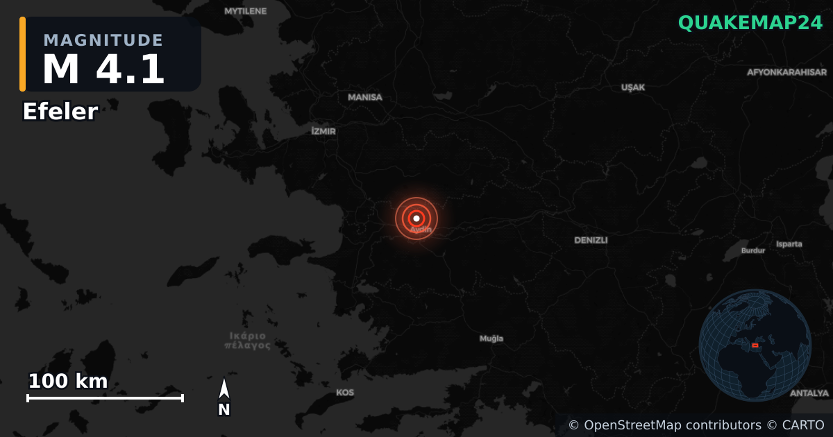 Sismo de M4,1 perto de Efeler, Aydın (Turquia) · 2026-06-23 — Mapa da localização do epicentro
