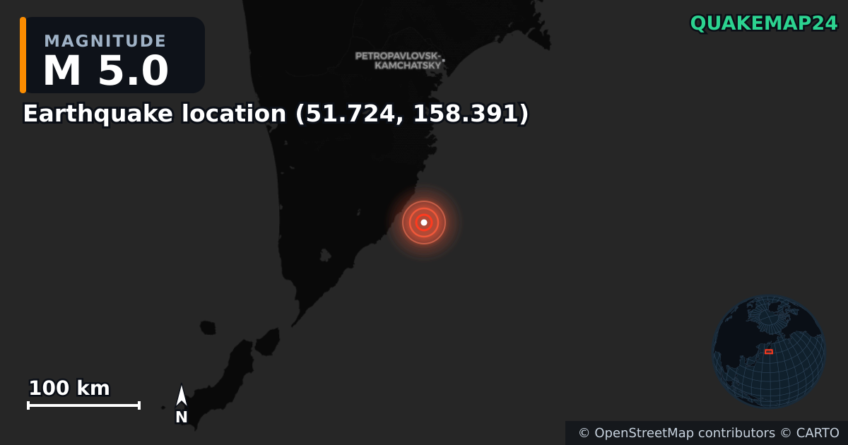 M5.0 earthquake near Deprem konumu (51.724, 158.391) on Aug 7, 2025 — map of epicenter and shaking intensity | QuakeMap24