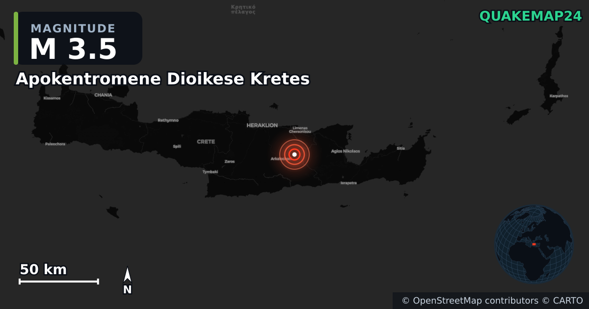 M3.5 earthquake near Apokentromene Dioikese Kretes on Jun 17, 2025 — map of epicenter and shaking intensity | QuakeMap24