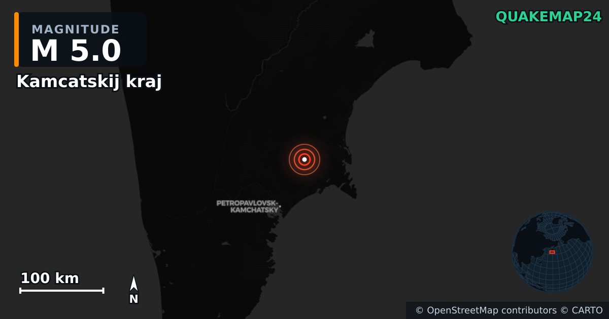M5.0 earthquake near Kamcatskij kraj on Sep 15, 2025 — map of epicenter and shaking intensity | QuakeMap24