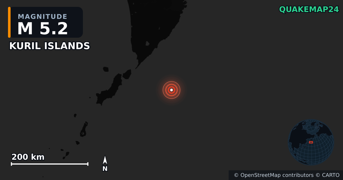 M5.2 earthquake near KURIL ISLANDS on Jan 26, 2026 — map of epicenter and shaking intensity | QuakeMap24