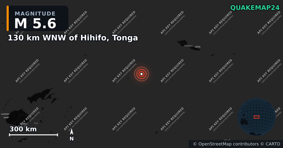 M5.6 earthquake near 130 km WNW of Hihifo, Tonga on Nov 28, 2025 — map of epicenter and shaking intensity | QuakeMap24