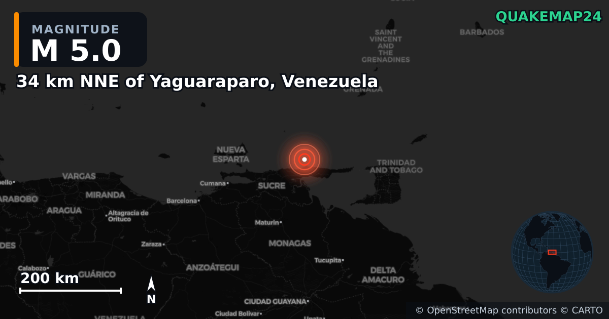 M5.0 earthquake near 34 km NNE of Yaguaraparo, Venezuela on Nov 19, 2025 — map of epicenter and shaking intensity | QuakeMap24