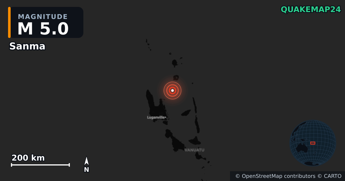 M5.0 earthquake near Sanma on Oct 25, 2025 — map of epicenter and shaking intensity | QuakeMap24