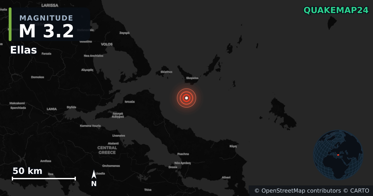 M3.2 earthquake near Ellas on Sep 23, 2025 — map of epicenter and shaking intensity | QuakeMap24