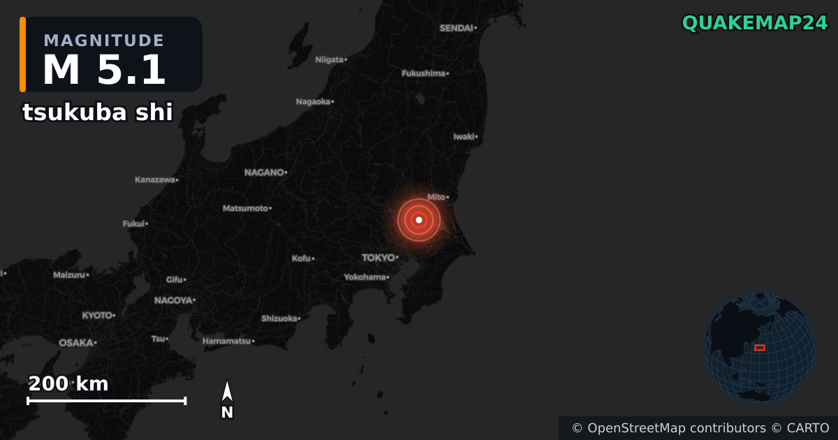 M5.1 earthquake near tsukuba shi on Dec 12, 2025 — map of epicenter and shaking intensity | QuakeMap24