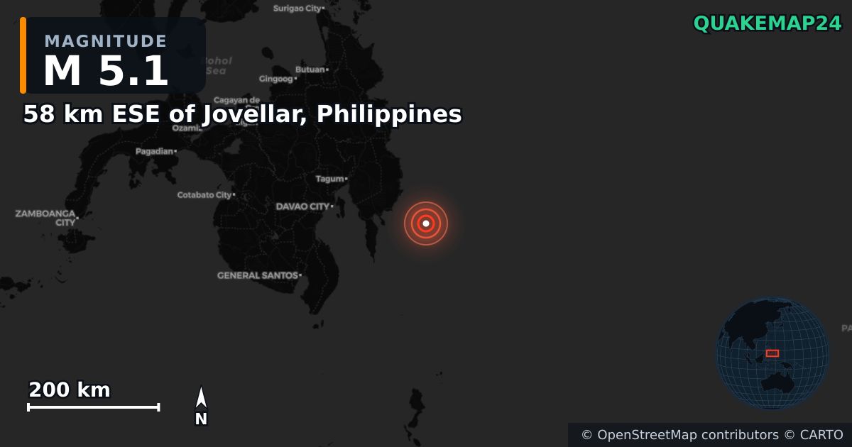 M5.1 earthquake near 58 km ESE of Jovellar, Philippines on Oct 10, 2025 — map of epicenter and shaking intensity | QuakeMap24