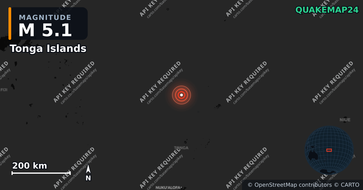 M5.1 earthquake near Tonga Islands on May 2, 2026 — map of epicenter and shaking intensity | QuakeMap24