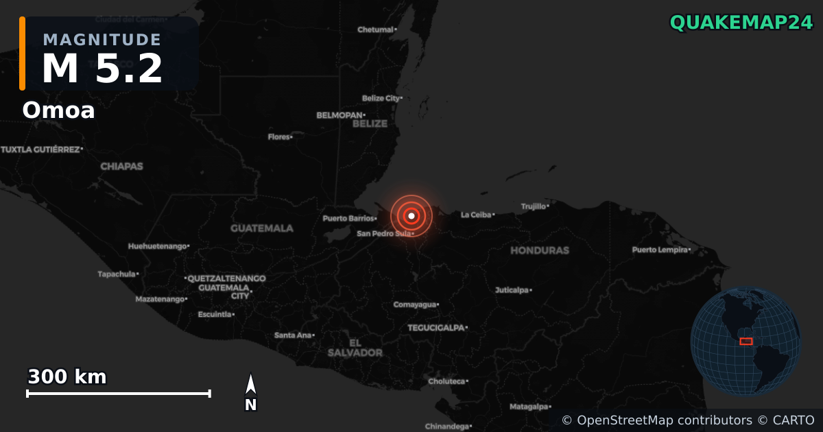 M5.2 earthquake near Omoa on Jan 16, 2026 — map of epicenter and shaking intensity | QuakeMap24